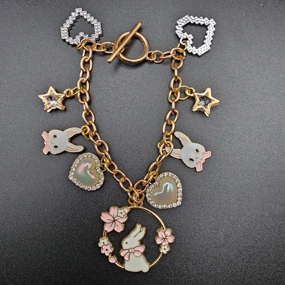 Jewelry - Gold Charm Bracelet with Bunny and Heart Accents